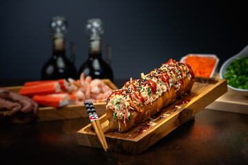 A vibrant display of Japanese cuisine: sushi, sashimi, nigiri, ramen, tempura, mochi, sake, matcha,...
