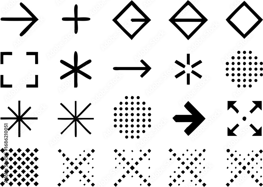 Poster vector collection of various black geometric shapes including arrows plus signs stars squares and do