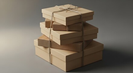 Stack of eco friendly brown cardboard gift boxes tied with rustic twine.