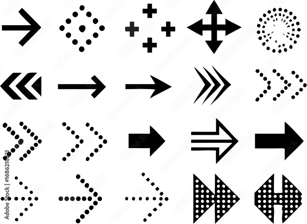 Poster vector illustration of various black arrow symbols and directional icons with different styles and o