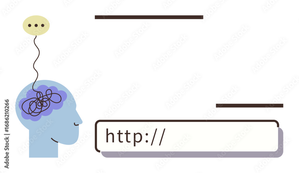 Aufkleber human profile with tangled thoughts in the brain and connection to web search bar. ideal for technol