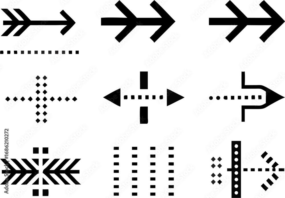 Poster vector collection of nine distinct black and white arrow and direction icons arranged in a three by 