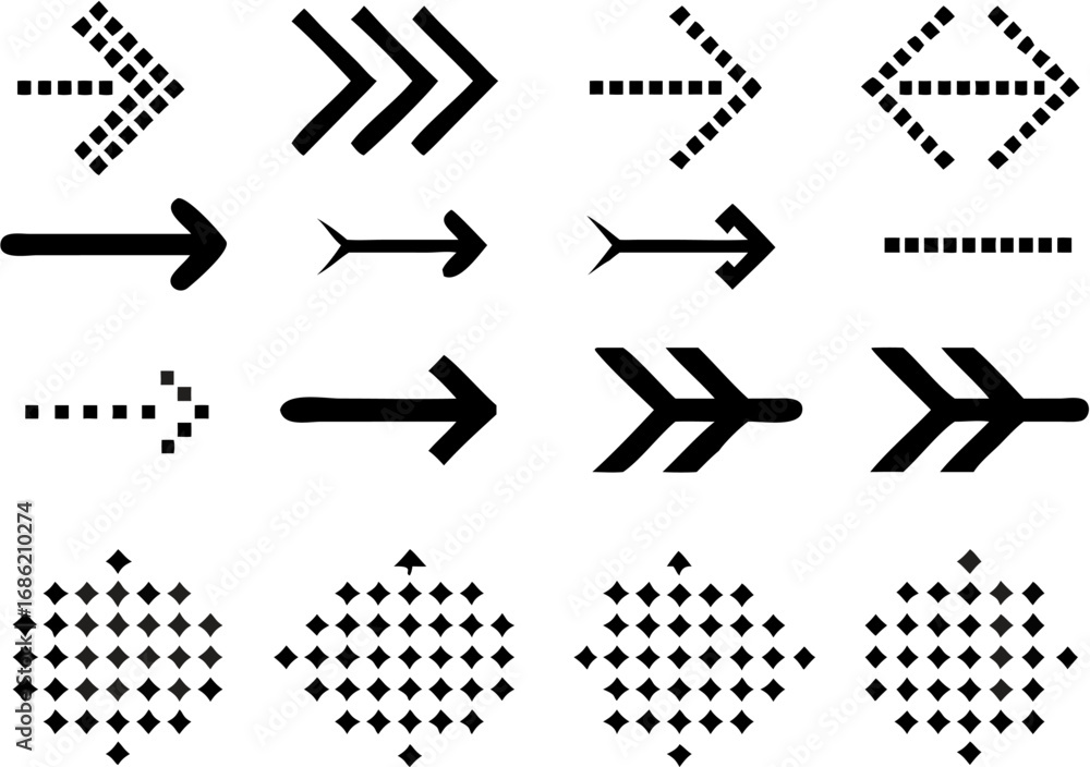 Poster vector illustration of various black arrows pointing in different directions and diamond shapes in a