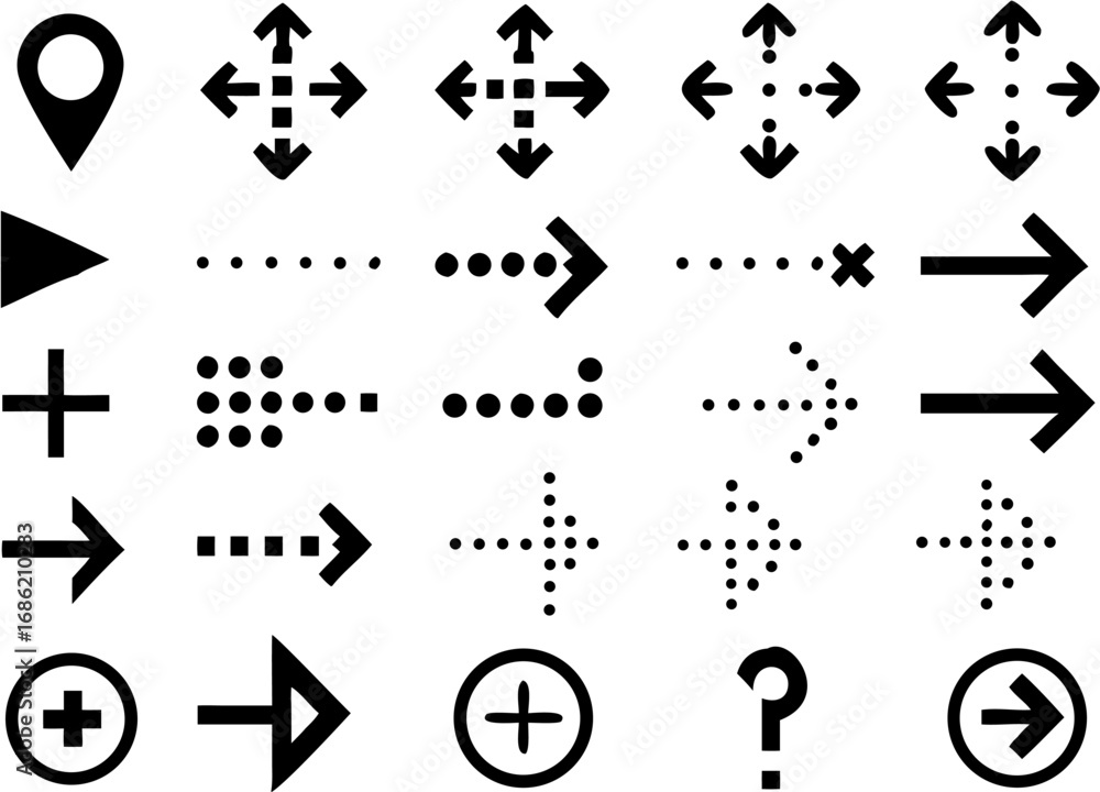 Poster vector collection of various black directional arrows plus signs and a question mark on a white back