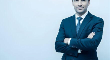 Professional businessman in formal suit standing confidently with arms crossed against a plain light blue background for corporate and business themes