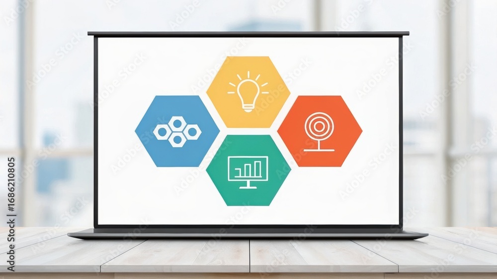 Poster presentation screen displaying colorful hexagonal icons representing concepts like innovation, techn
