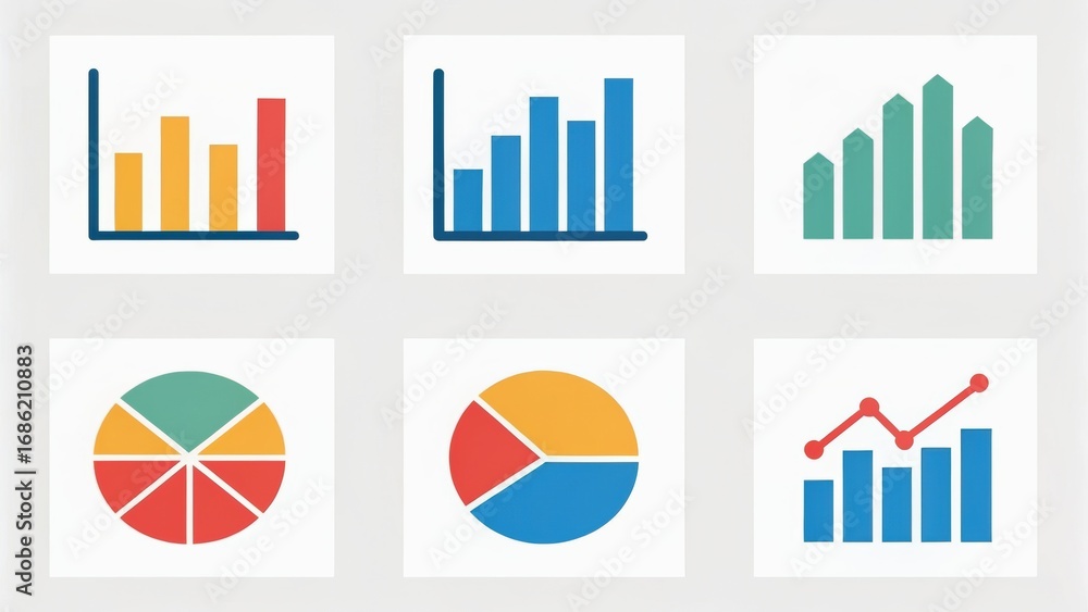 Poster colorful illustrations of various graphs and charts, depicting data visualization in a modern design