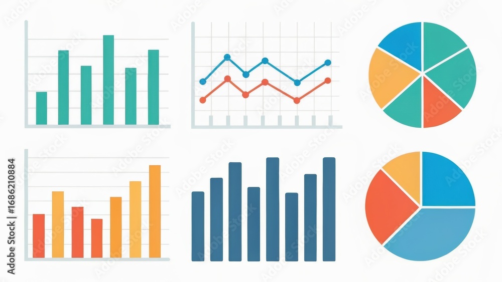 Aufkleber colorful data visualizations including bar graphs and pie charts, representing various metrics and t