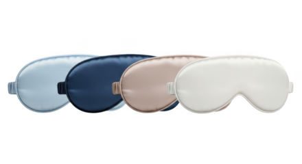 Four silk eye masks in different colors for sleep, isolated on transparent background