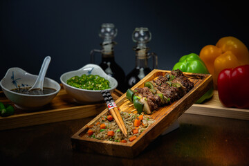 A vibrant display of Japanese cuisine: sushi, sashimi, nigiri, ramen, tempura, mochi, sake, matcha, and more. Fresh ingredients, bold flavors, traditional dishes, and elegant presentation.