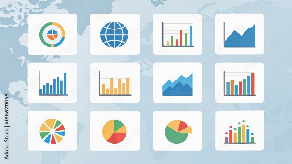 Poster colorful data visualizations on white cards, depicting various graphs and charts against a light map