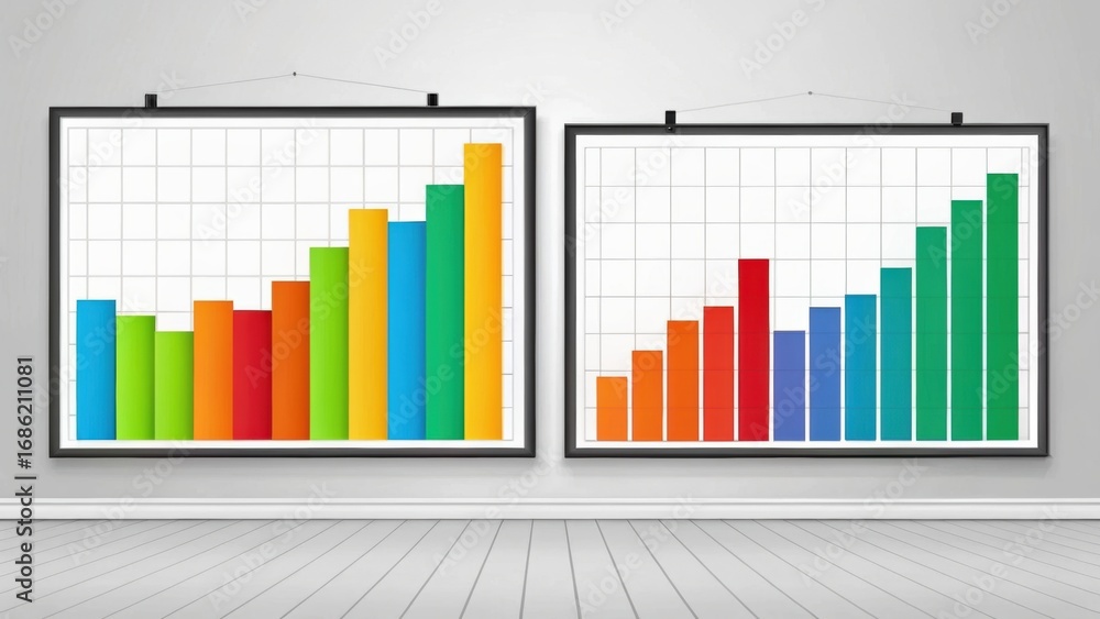 Poster colorful bar graphs displayed in frames on a gallery wall, depicting growth trends and data analysis