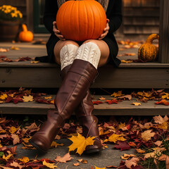 A cozy, autumnal "Halloween" vibe from New England, USA. A square shot focusing on a woman's legs, wearing stylish leather boots and cozy knit socks, surrounded by fallen autumn leaves. She is holding