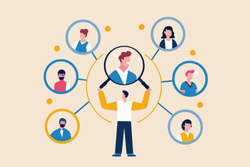 Person using a magnifying glass to examine a group of people in a network diagram representing recruitment or selection