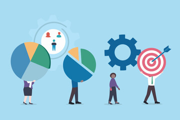Business team collaborates on data analysis and achieving goals with pie charts and target