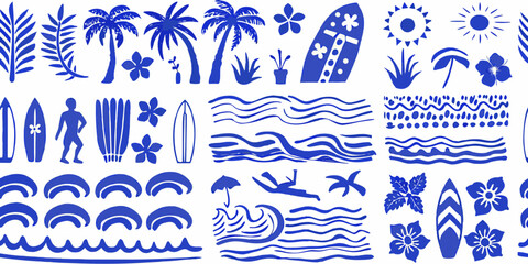 Fototapeta premium Vibrant blue tropical beach and surfing elements seamless pattern