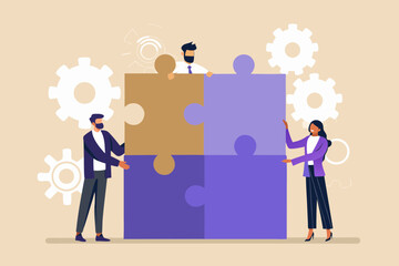 Diverse team collaborating to complete a large four piece puzzle with gears symbolizing teamwork and strategy