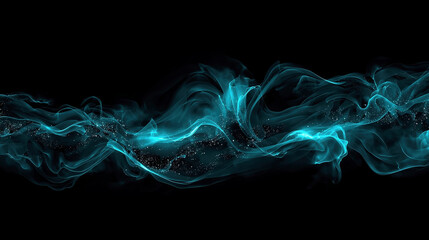 Abstract Smoke and Fluid Wave: Blue Aquamarine Energy Design with Glowing Particles and Mystical Atmosphere in Digital Art