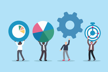 Diverse team holding up pie charts a gear and a target symbol representing business strategy and success