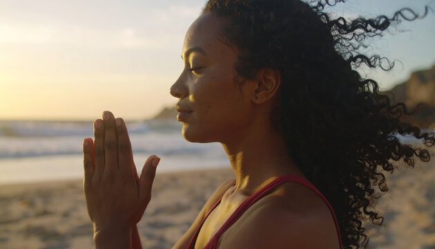 Woman meditating on beach at sunset - Powered by Adobe