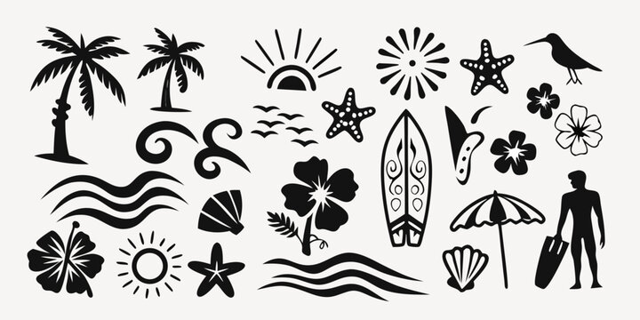 Collection of black silhouette summer beach icons including palm trees surfboards hibiscus flowers starfish waves sun umbrella and people