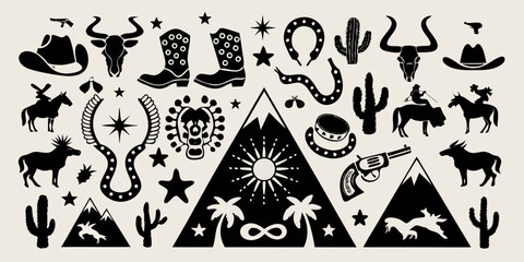 Collection of western and wild west silhouette icons including cowboy hats boots horses and cacti