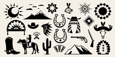 Collection of western cowboy and native american inspired silhouette icons and symbols