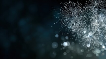 Fototapeta premium Silvery fireworks bursts against a dark, blurred background.