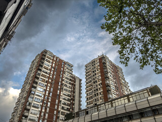 Weathered high-rise apartment towers from the socialist era dominate the Belgrade skyline, in...