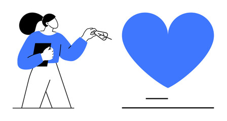 Woman holding glasses and a notebook standing next to a large blue heart. Ideal for health, empathy, caregiving, relationships, self-care, mental wellness, simple landing page