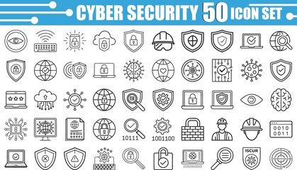 Cyber Security Line Icon Set – 50 Modern Thin Line Icons for Data Protection, Internet Security, and Digital Privacy