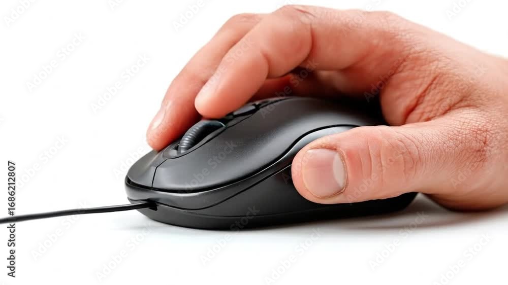 Fototapete hand using a wired computer mouse with scroll wheel on a white surface