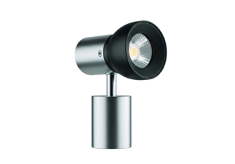 Sleek, modern spotlight fixture featuring a cylindrical base and black housing, radiating light.