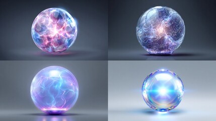 Obraz premium Four glowing spheres, different shades of energy, on a gray background. Each sphere appears to have an internal energy source, radiating outwards
