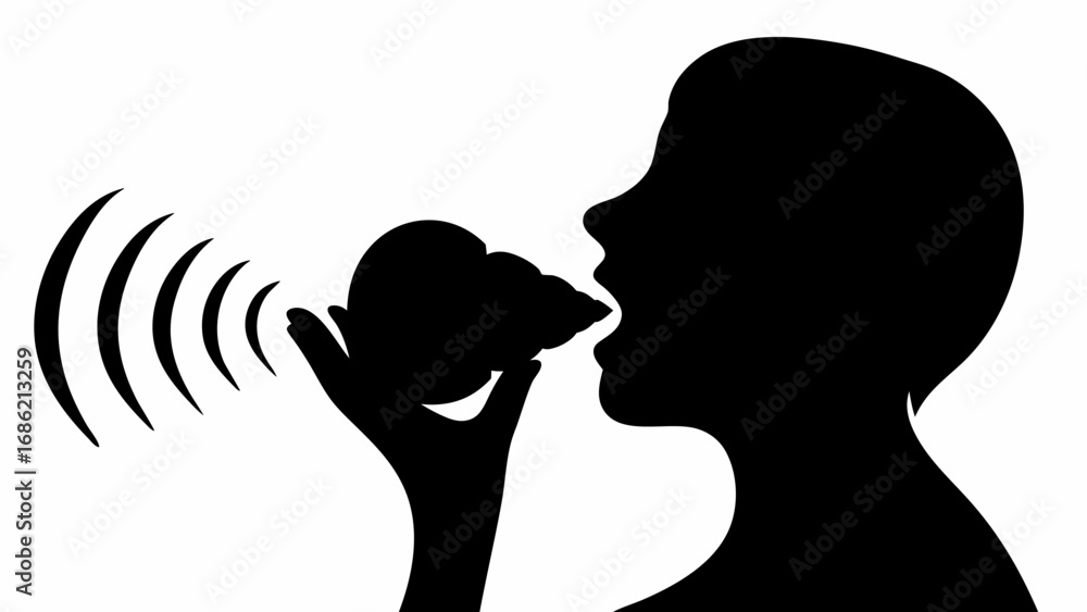Aufkleber silhouette of person holding a seashell to their mouth with sound waves emanating from the shell sha