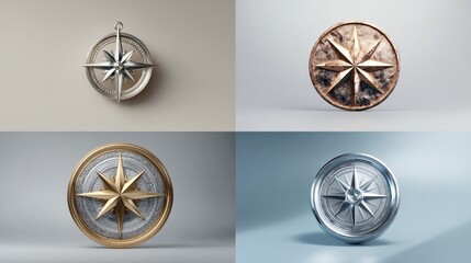 Four compass rose emblems in various metallic finishes, displayed on a light background