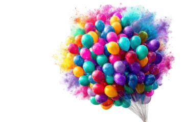 A cluster of colorful balloons surrounded by a vibrant cloud of colored smoke