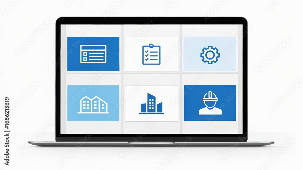 Poster digital interface showcasing various business-related icons on a laptop screen, emphasizing organiza