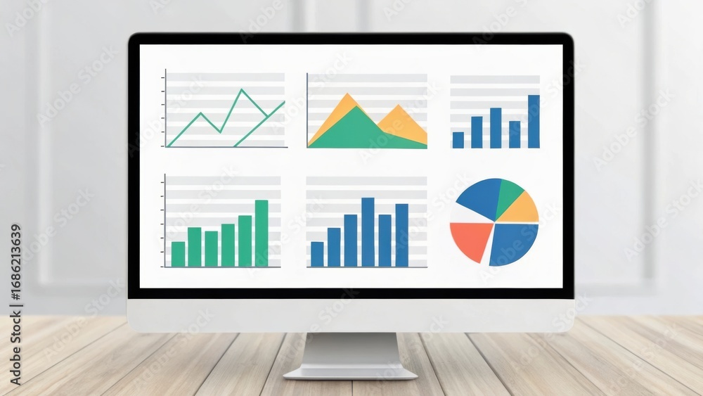 Poster computer monitor displaying various business graphs and charts on a wooden desk.