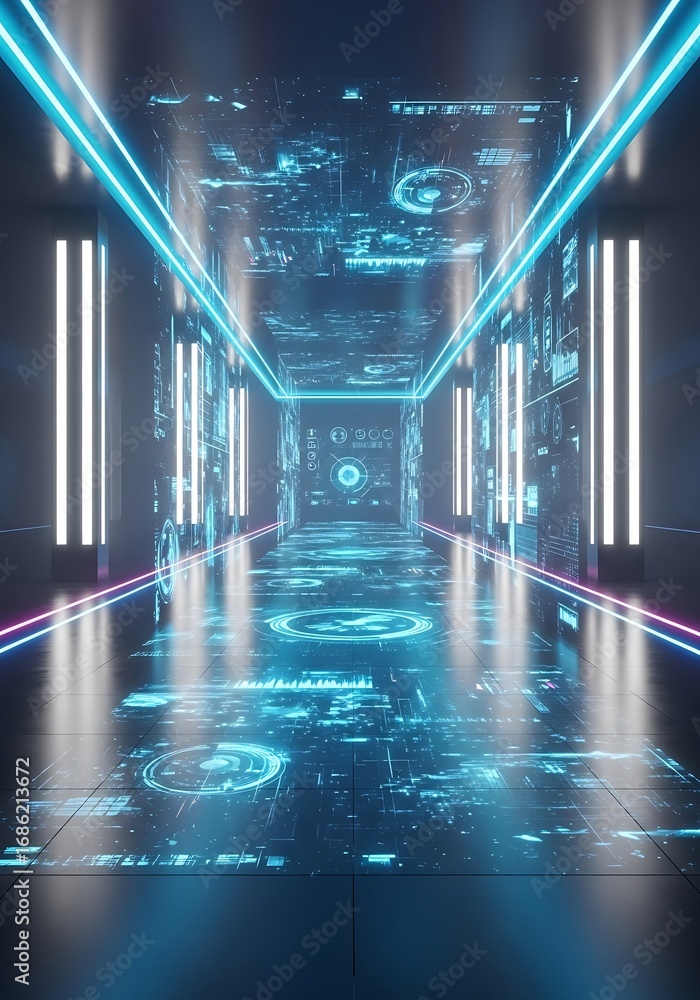 Poster futuristic digital corridor with glowing neon lights and circuit board patterns creating depth, tech