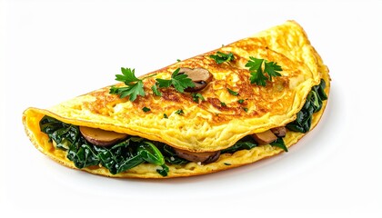 Delicious Omelet with Spinach, Mushrooms, and Fresh Parsley on White Background