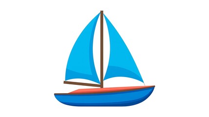 Simple colorful sailboat illustration with blue sails and red seat on white background 
