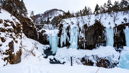 Frozen waterfall cascading down snowy mountainside
