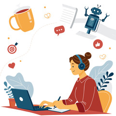 Vector art of a woman working on her laptop with a robot assistant and floating icons
