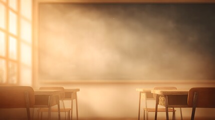 Fototapeta premium Community classroom with chalk dust haze in morning sun, warm golden palette