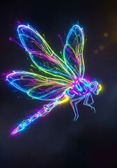 Fototapeta premium Radiant dragonfly illuminated with vibrant neon colors against a dark background bringing fantasy to life