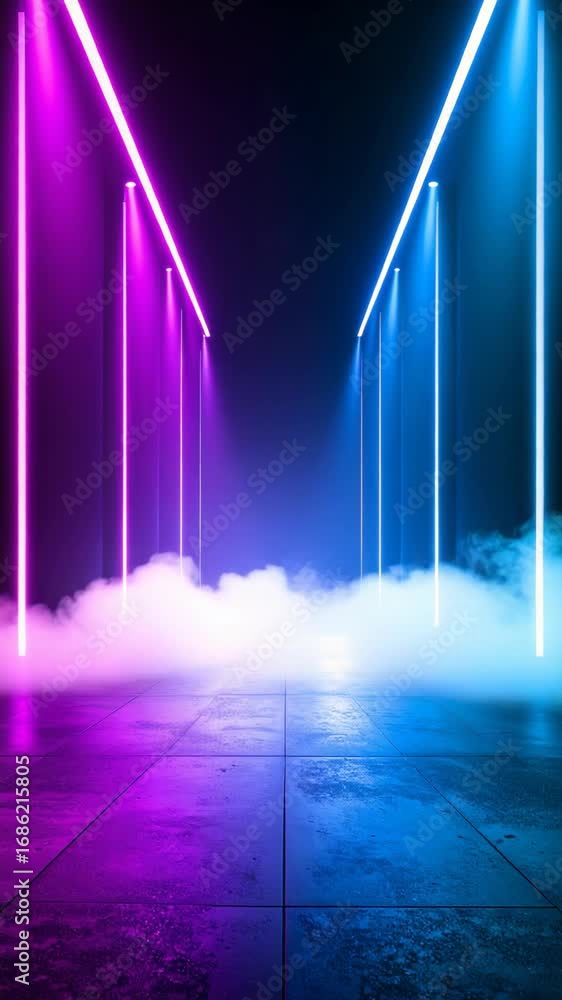 Poster abstract futuristic space with neon lines and fog, creating a vaporwave aesthetic on a glossy tiled 
