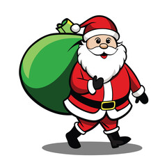 Cheerful Santa Claus Cartoon Character Walking with Green Sack of Gifts