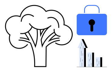 Abstract tree icon, rising bar graph, and blue padlock depict growth, progress, sustainability, and security. Ideal for technology, environment, finance education business innovation simple
