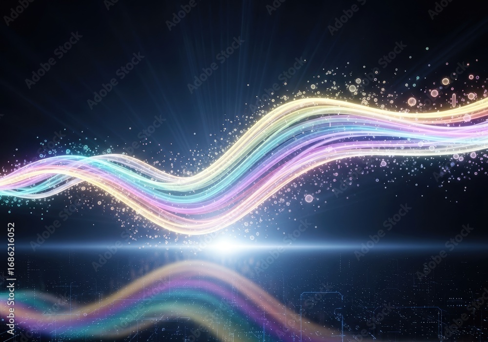 Poster abstract flowing pastel beams with sparkling particle stream on dark background